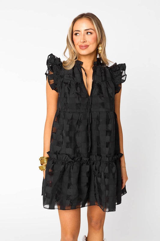 Aubrey Black Checkered Ruffle Sleeve Mini Dress