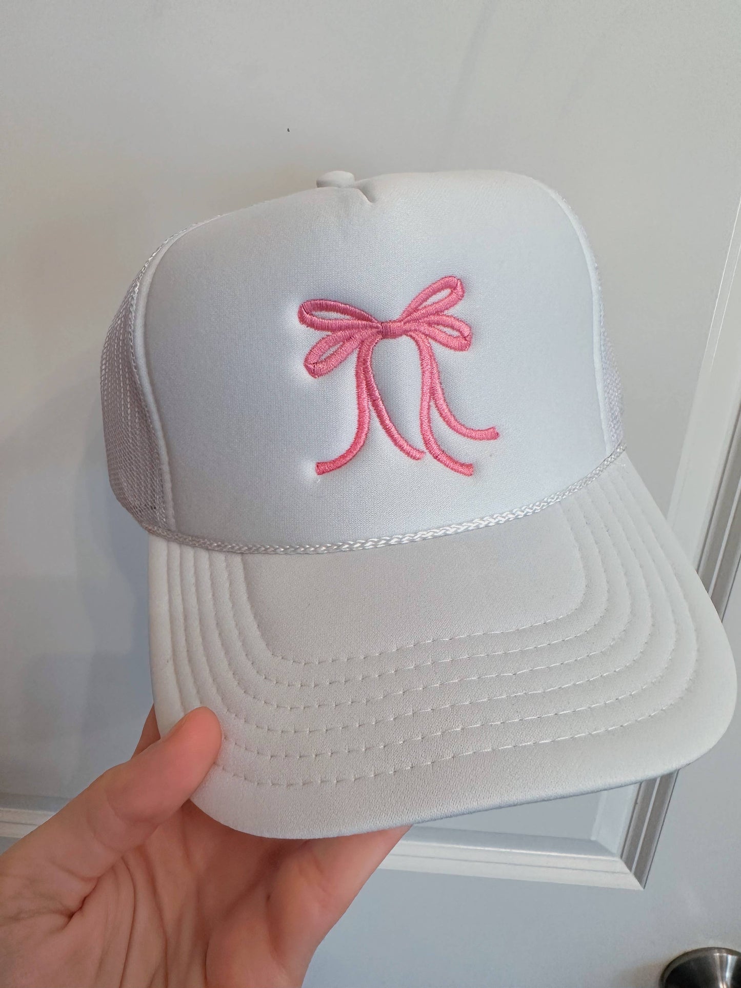 White Pink Bow Trucker Hat Embroidery