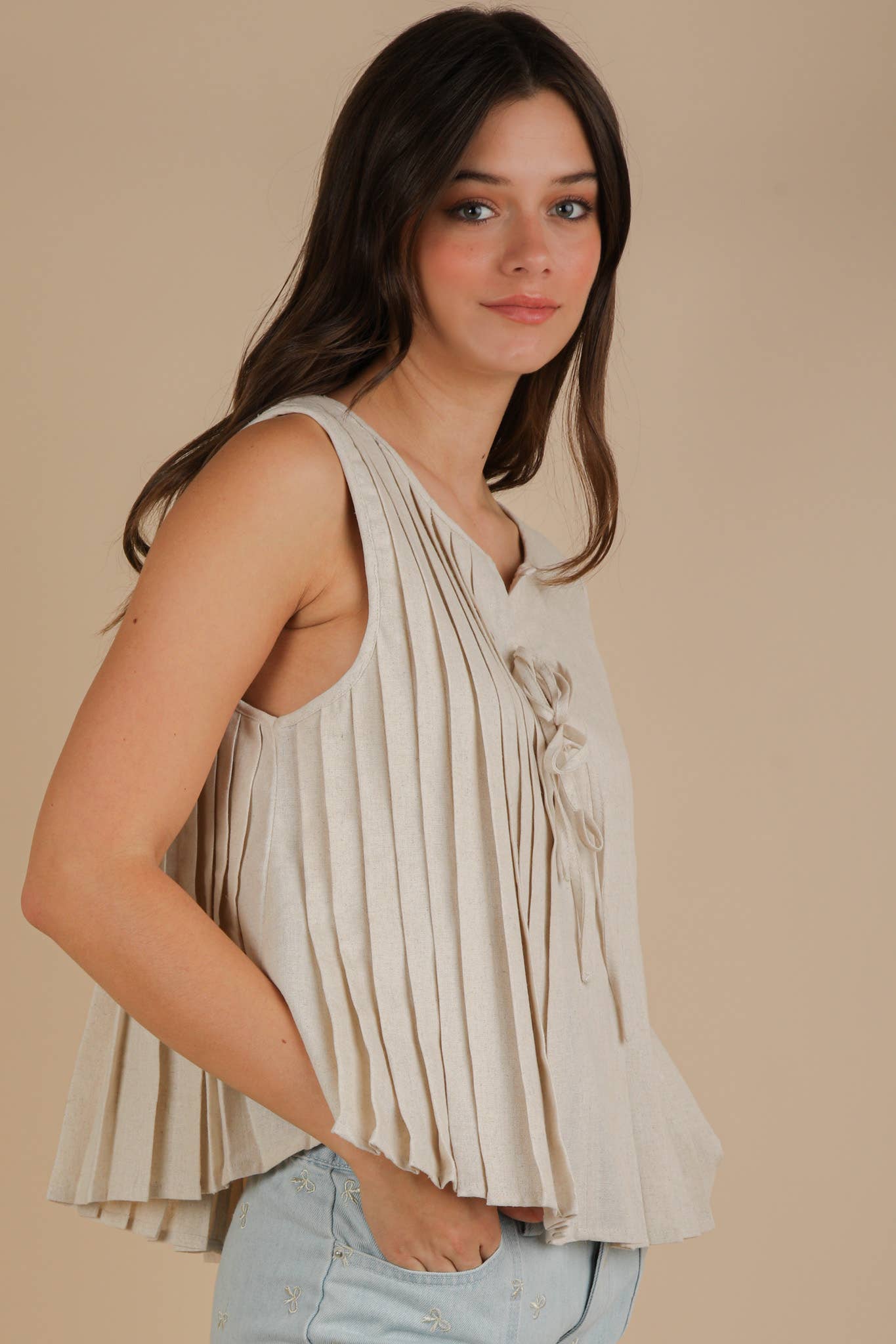 NT12184-Pleated Woven Blouse Top with Front Tie