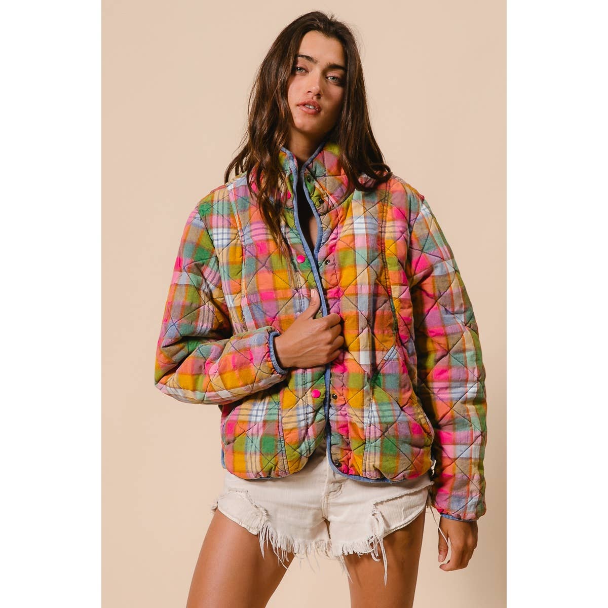 BLEACHED VINTAGE PLAID QUILTED JACKET