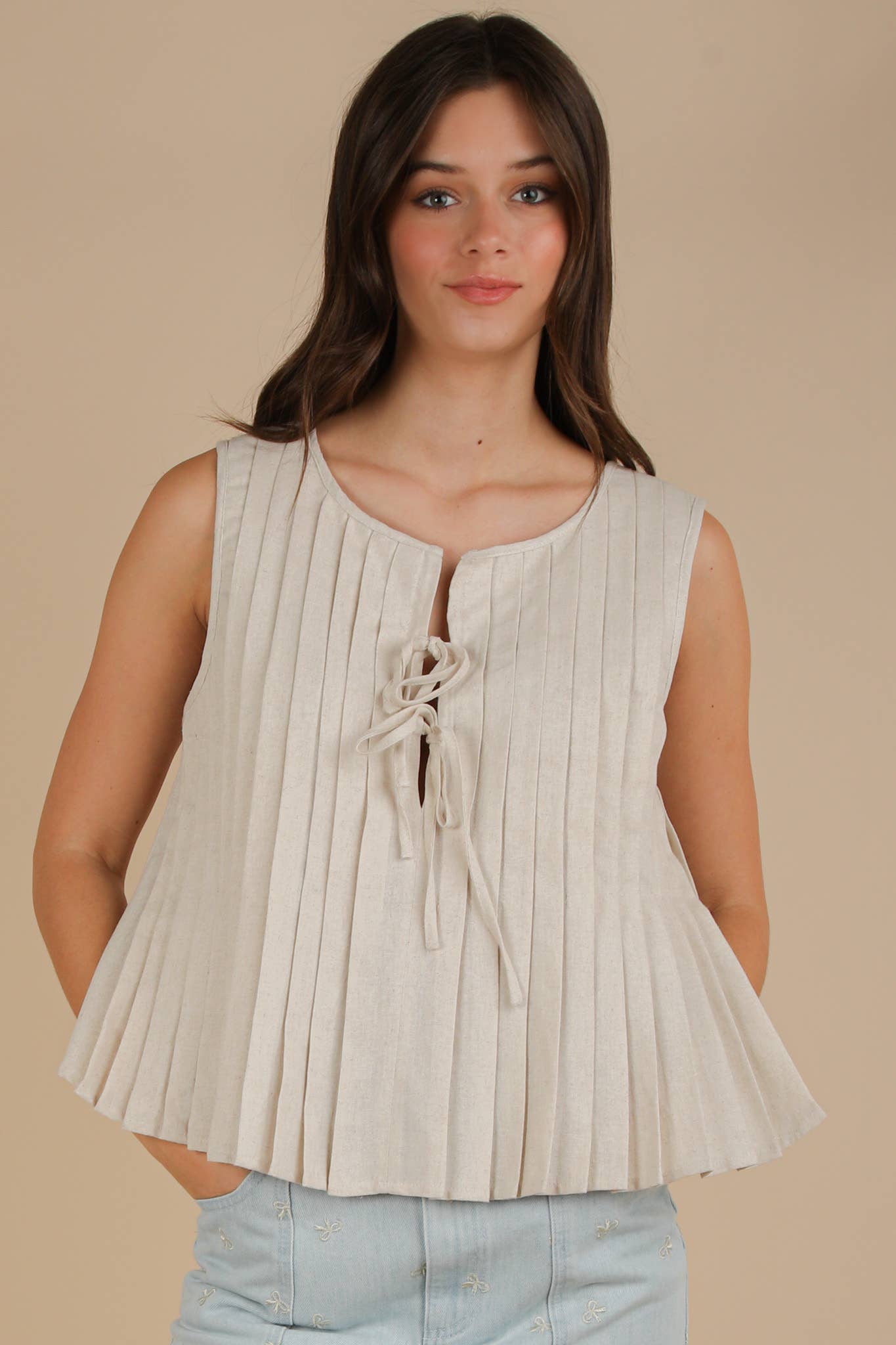 NT12184-Pleated Woven Blouse Top with Front Tie