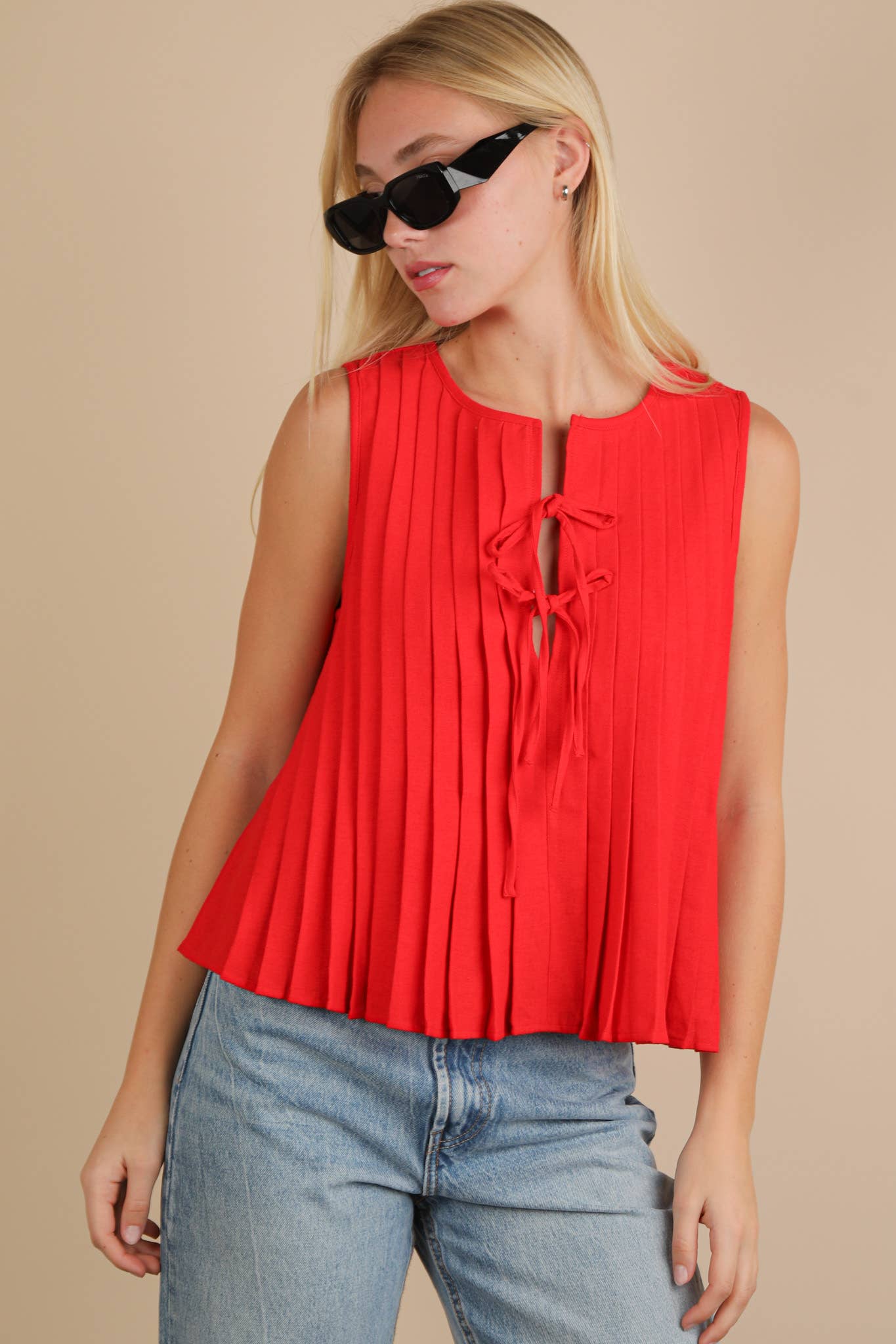 NT12184-Pleated Woven Blouse Top with Front Tie
