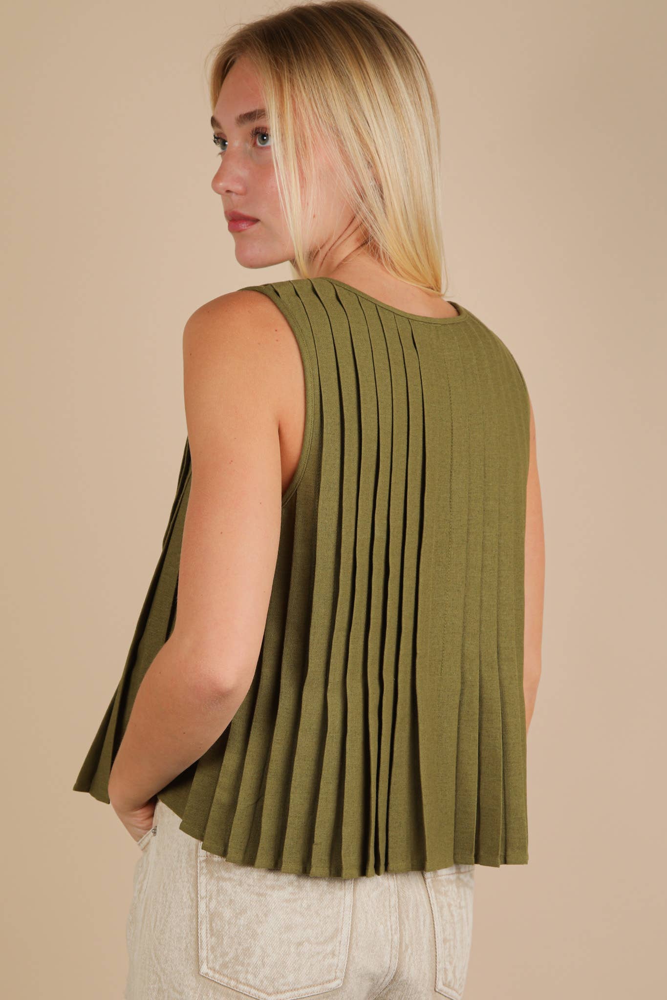 NT12184-Pleated Woven Blouse Top with Front Tie