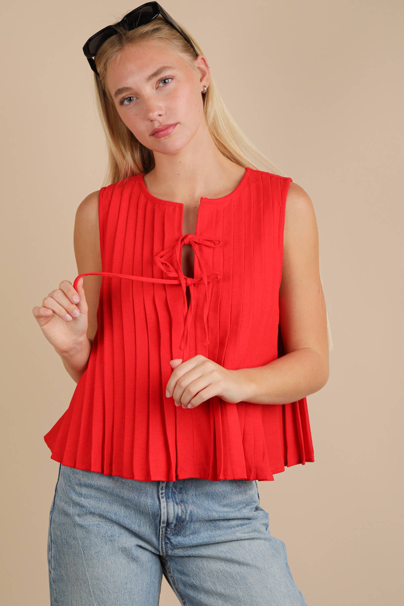 NT12184-Pleated Woven Blouse Top with Front Tie