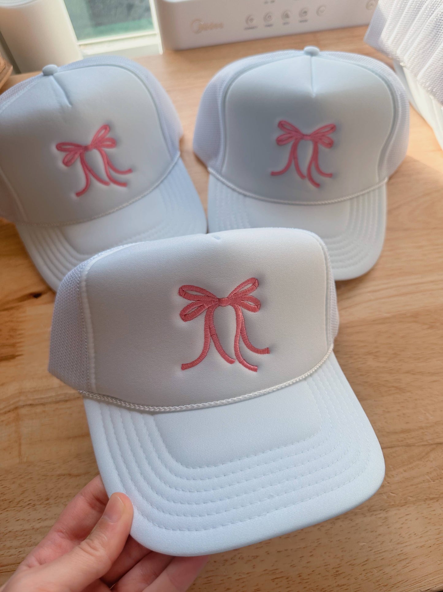 White Pink Bow Trucker Hat Embroidery