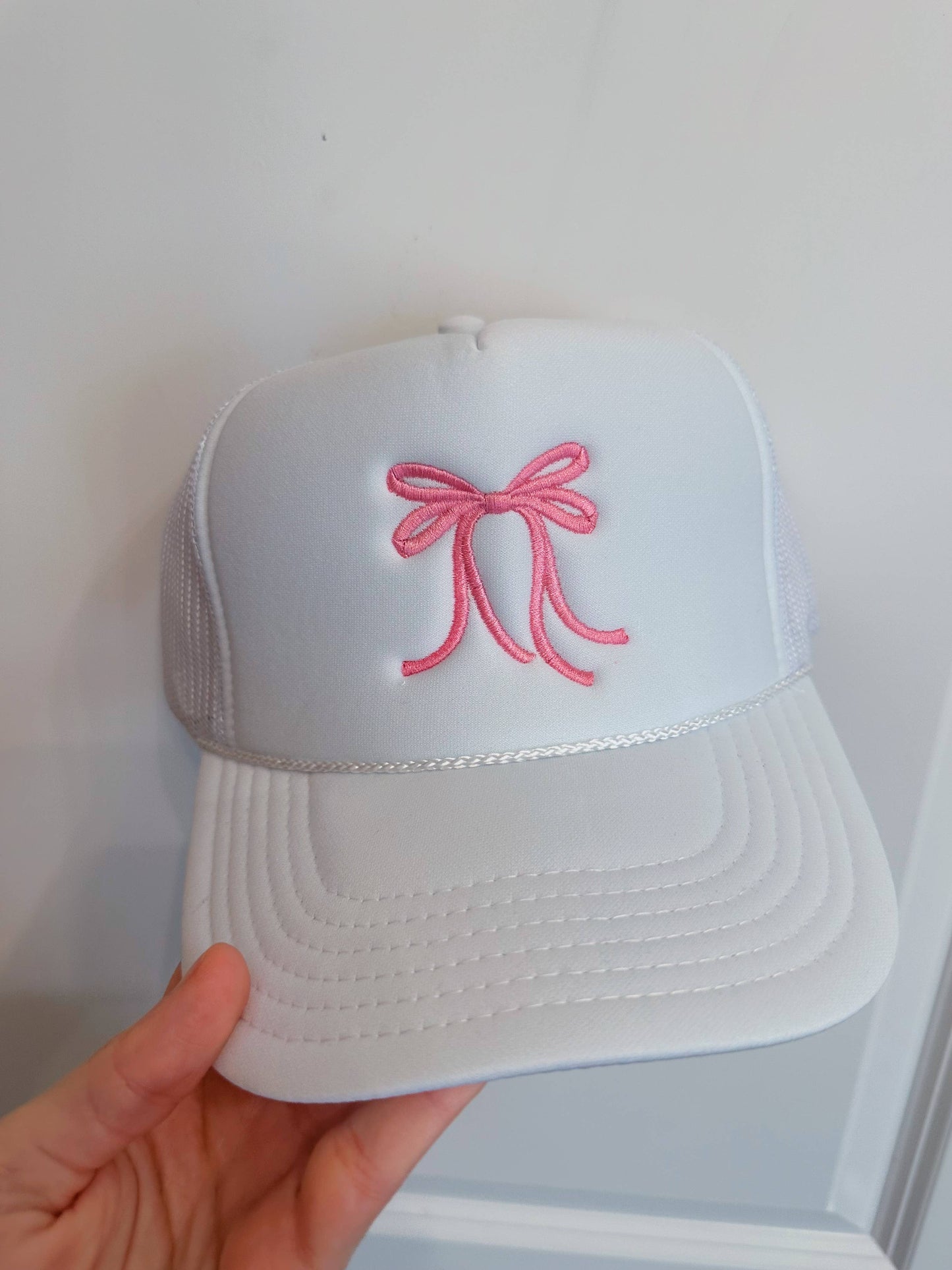 White Pink Bow Trucker Hat Embroidery