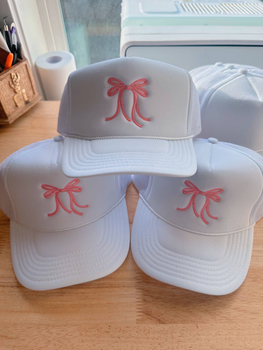 White Pink Bow Trucker Hat Embroidery