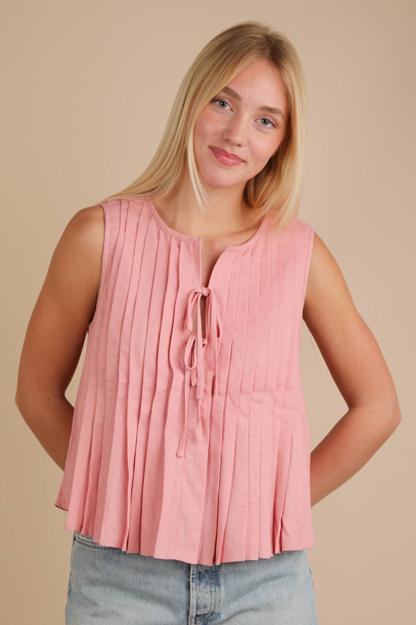 NT12184-Pleated Woven Blouse Top with Front Tie
