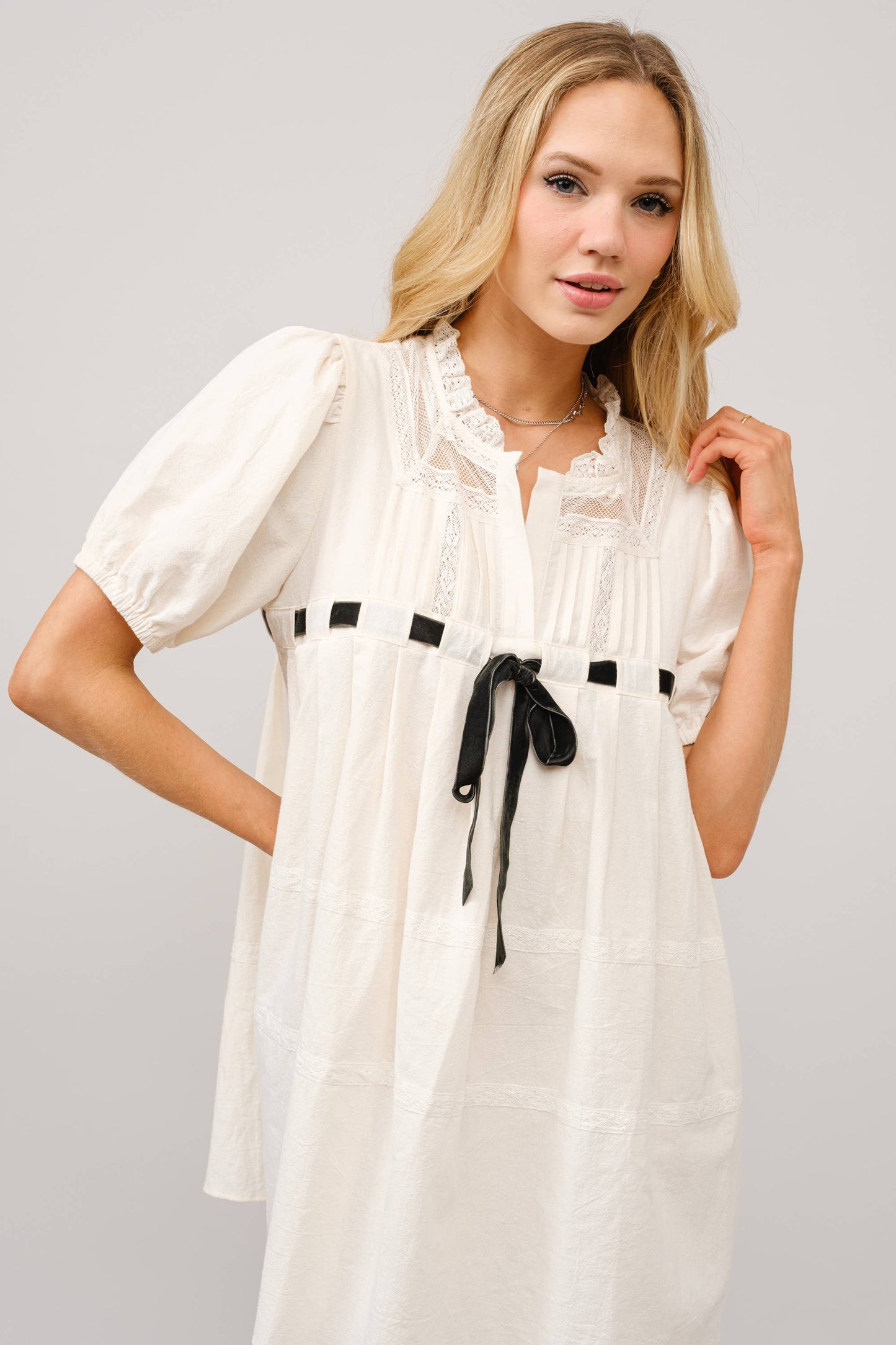 Cotton Gauze Bow Front Puff Sleeve Mini Dress