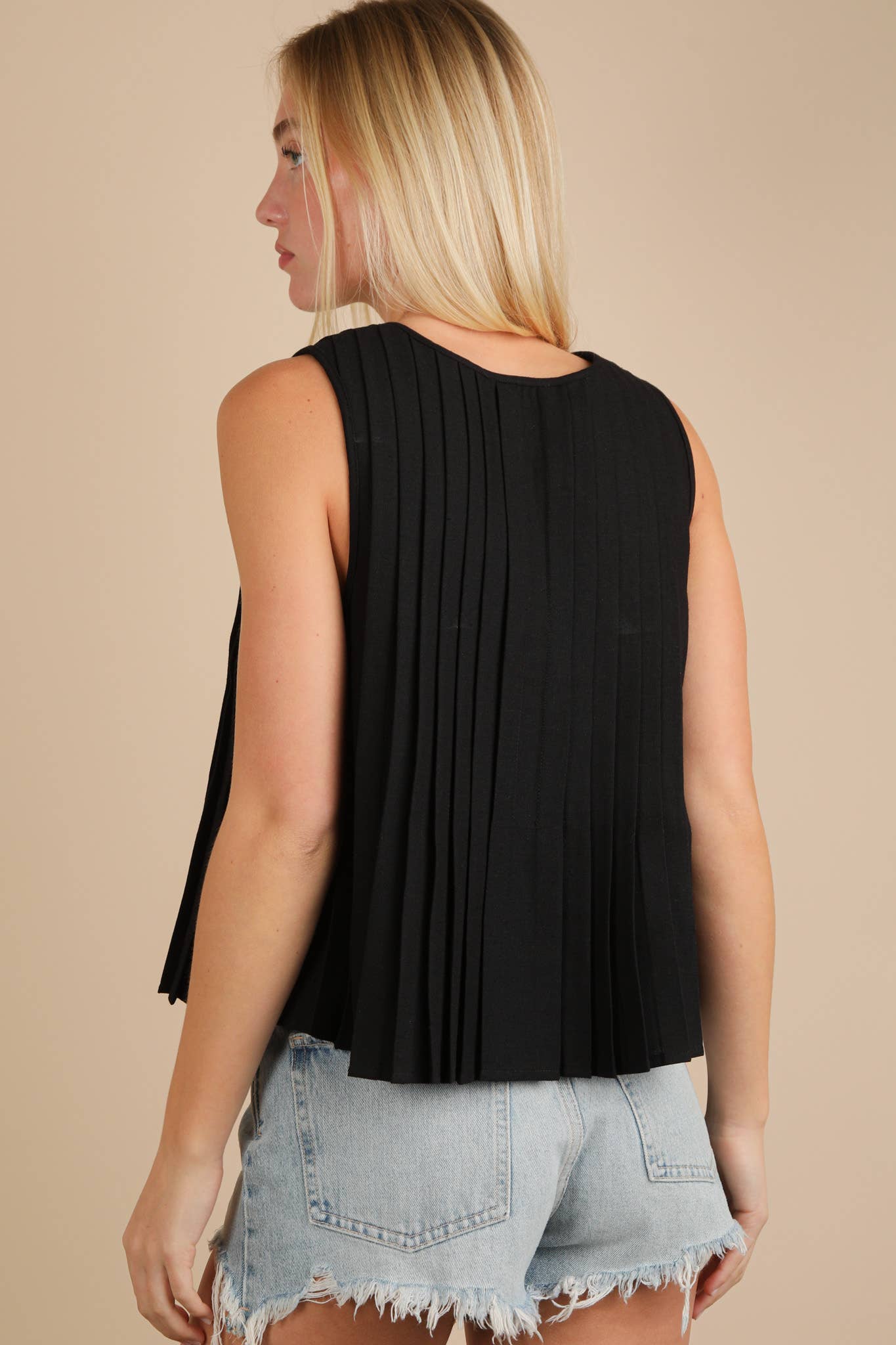 NT12184-Pleated Woven Blouse Top with Front Tie