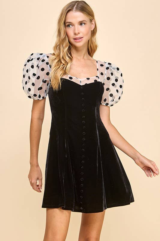 Velvet Faux Buttons Detail Organza Sleeves Dress