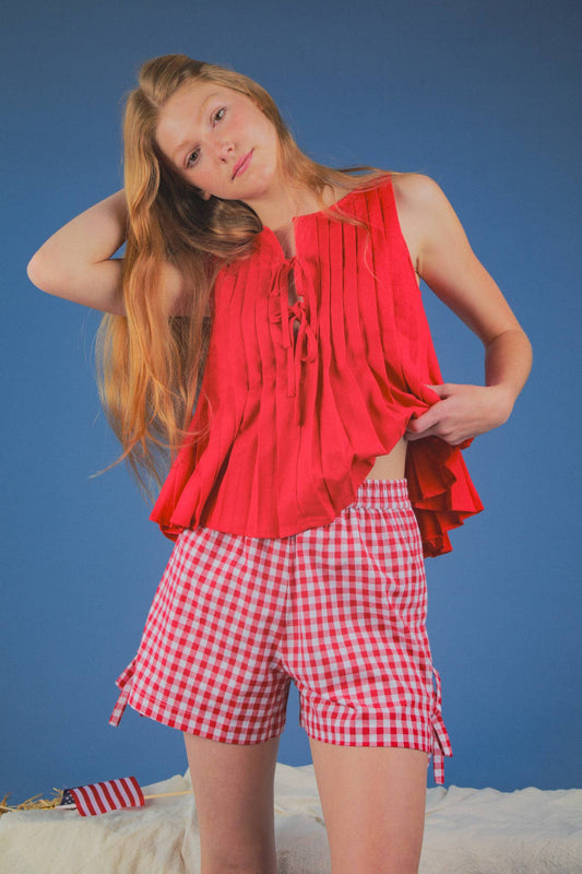 NT12184-Pleated Woven Blouse Top with Front Tie