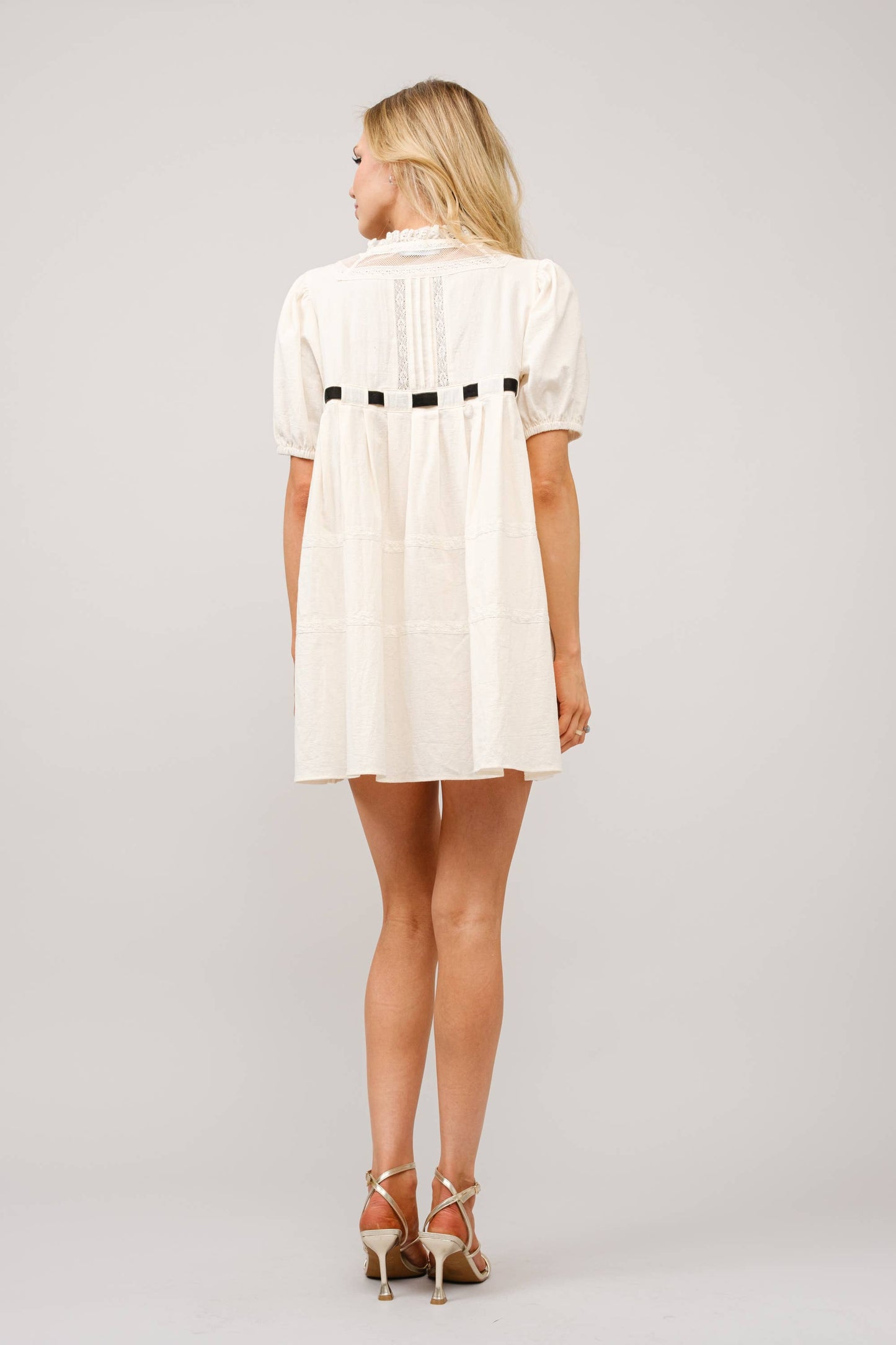 Cotton Gauze Bow Front Puff Sleeve Mini Dress