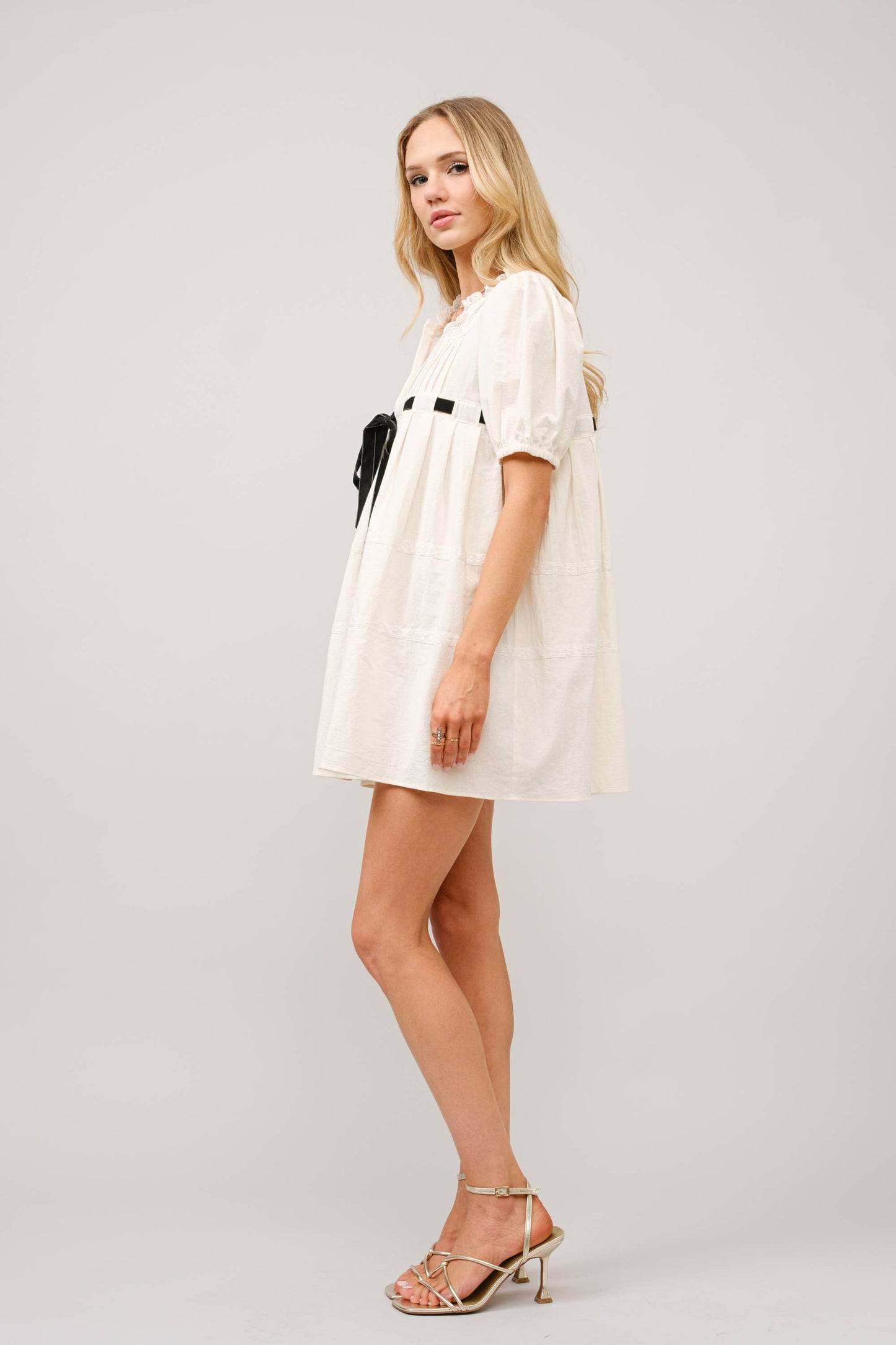 Cotton Gauze Bow Front Puff Sleeve Mini Dress