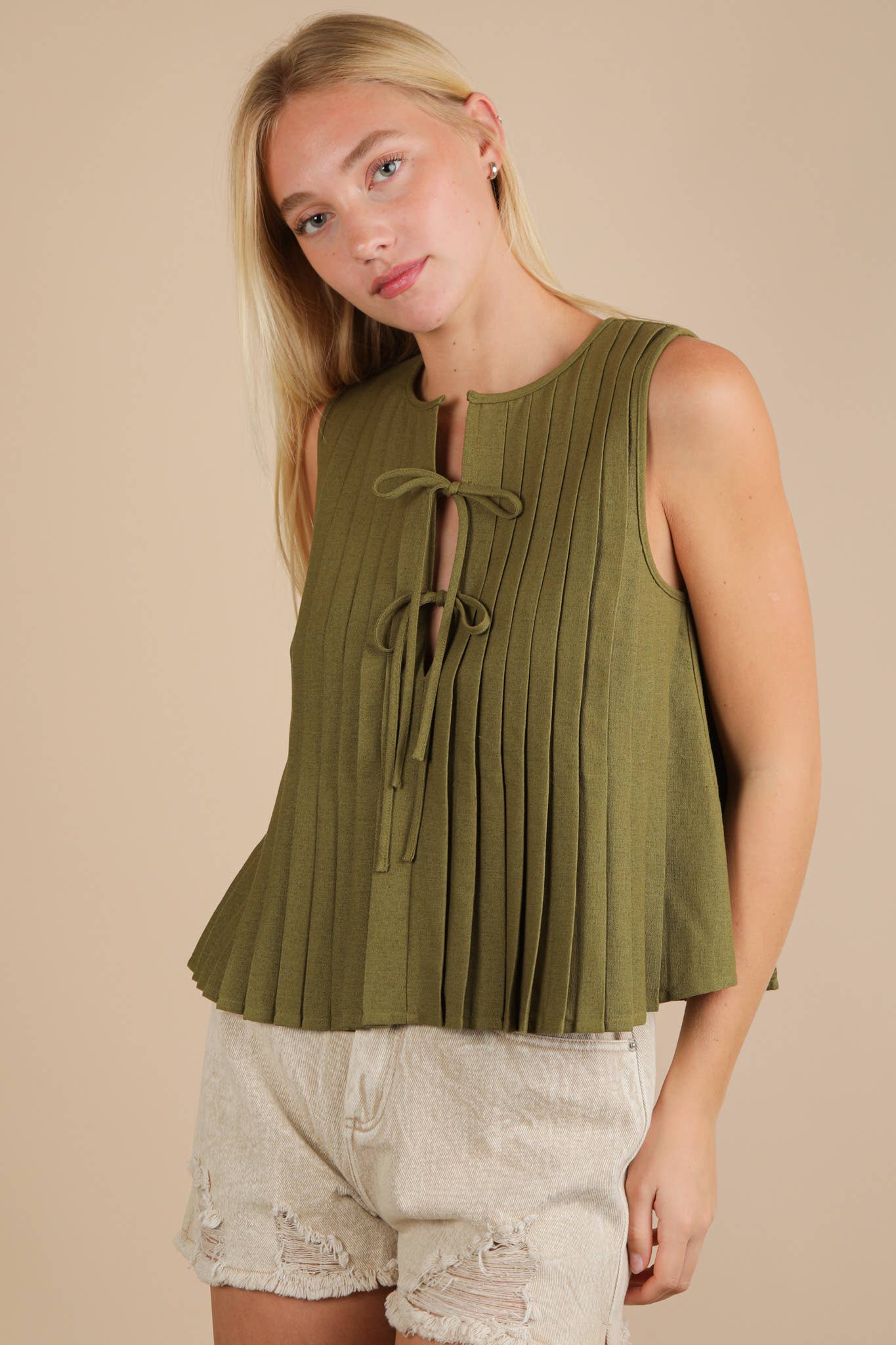 NT12184-Pleated Woven Blouse Top with Front Tie