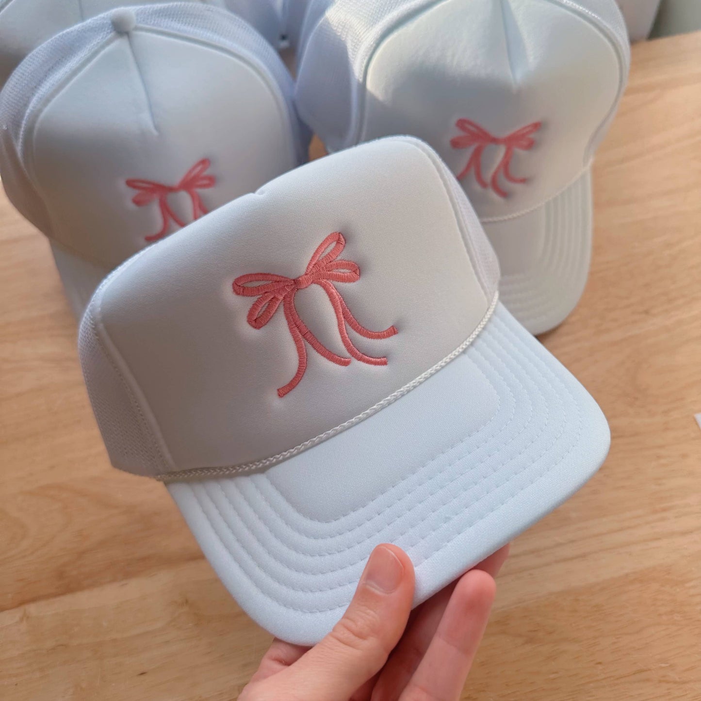 White Pink Bow Trucker Hat Embroidery