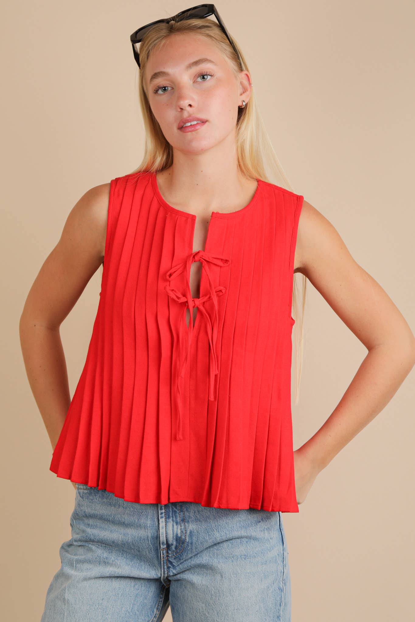 NT12184-Pleated Woven Blouse Top with Front Tie
