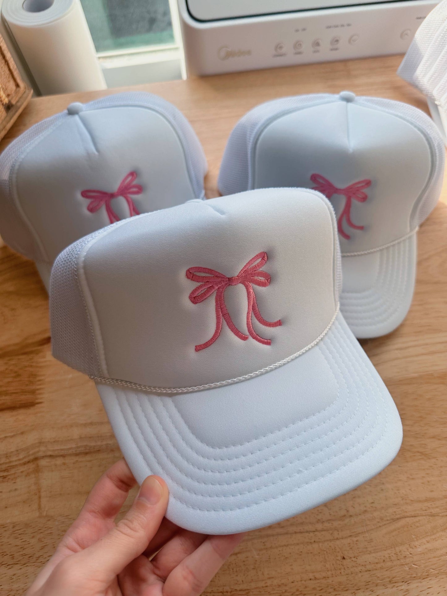 White Pink Bow Trucker Hat Embroidery