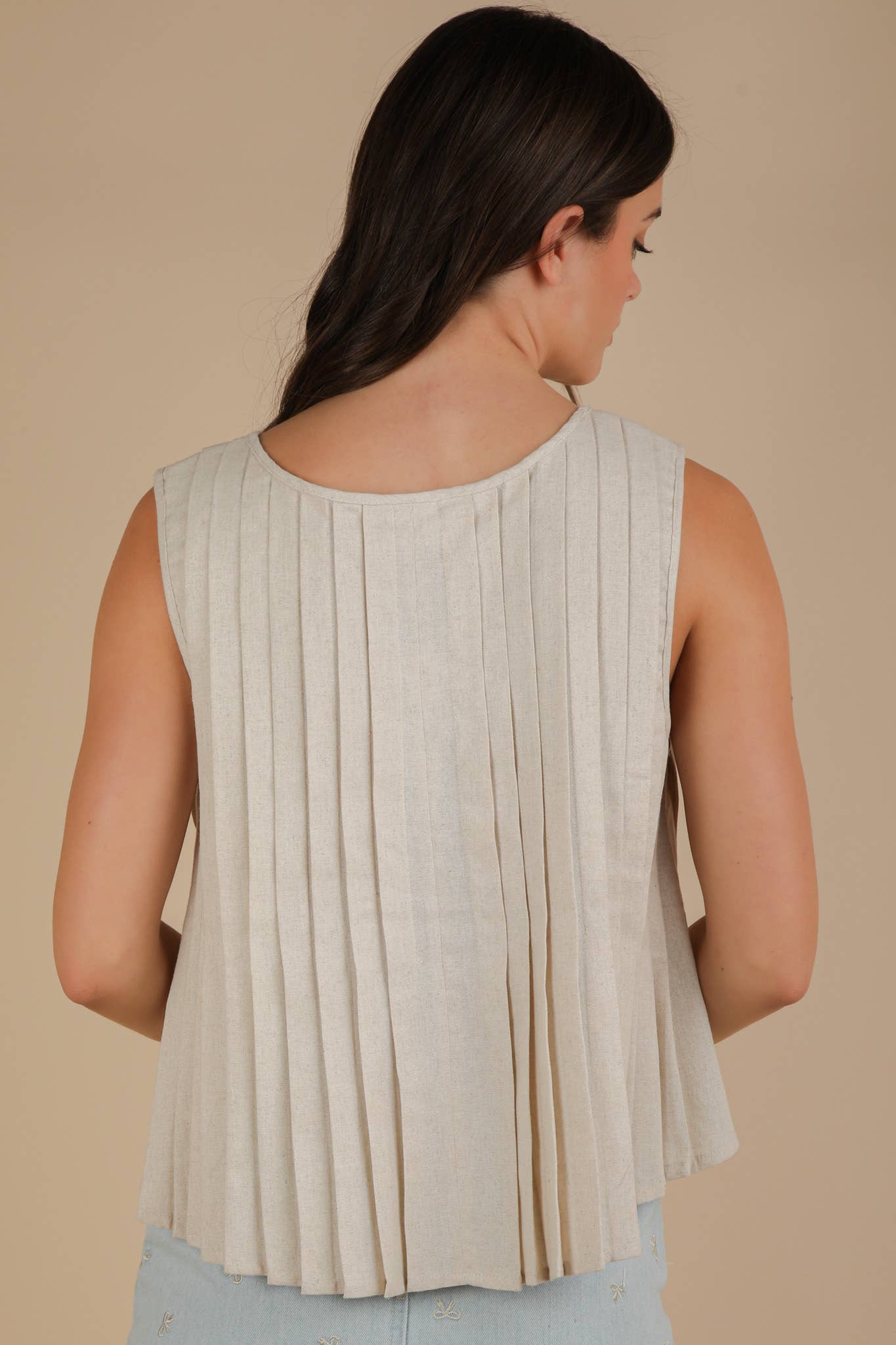 NT12184-Pleated Woven Blouse Top with Front Tie