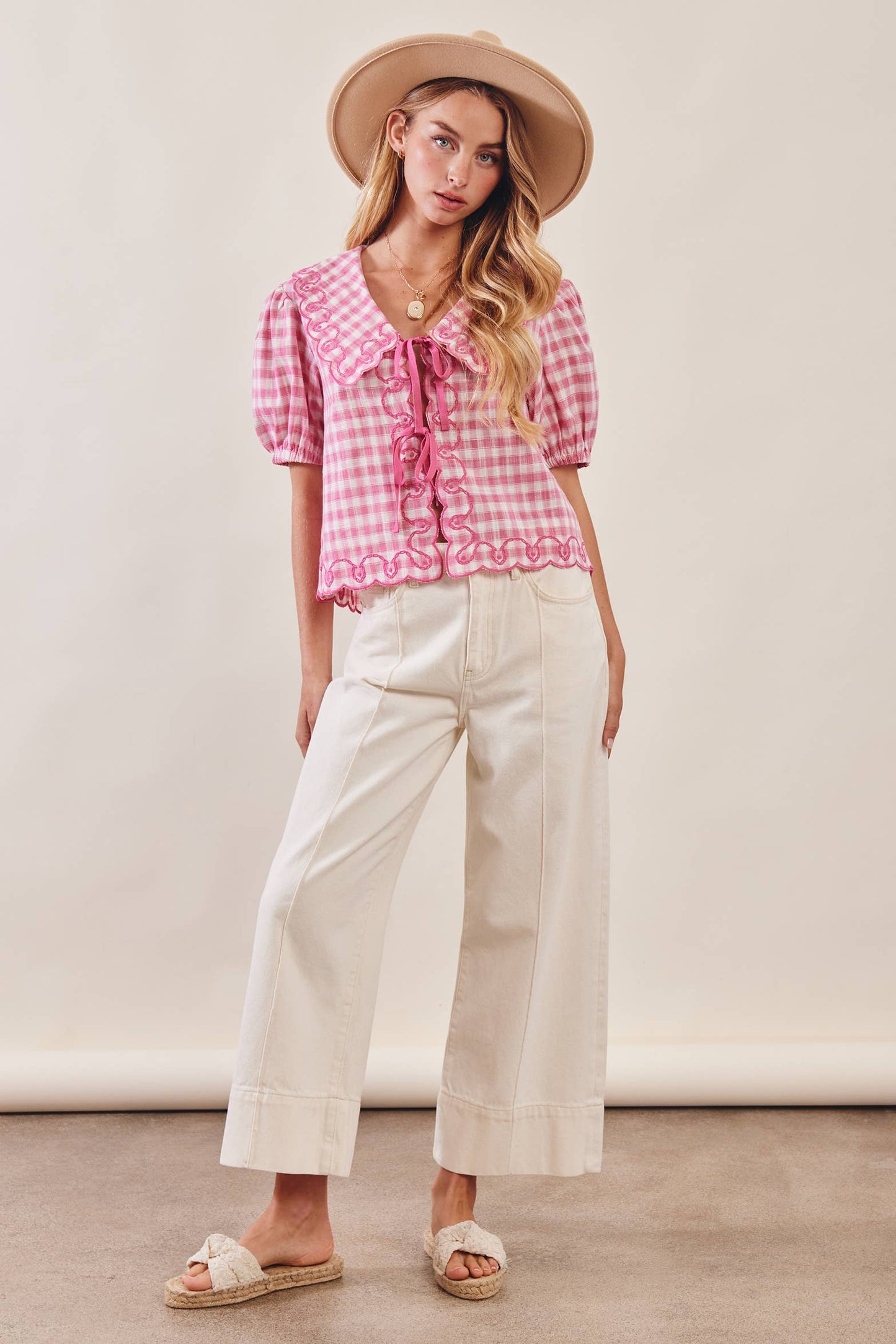 Gingham Embroidered Tie-Front Blouse