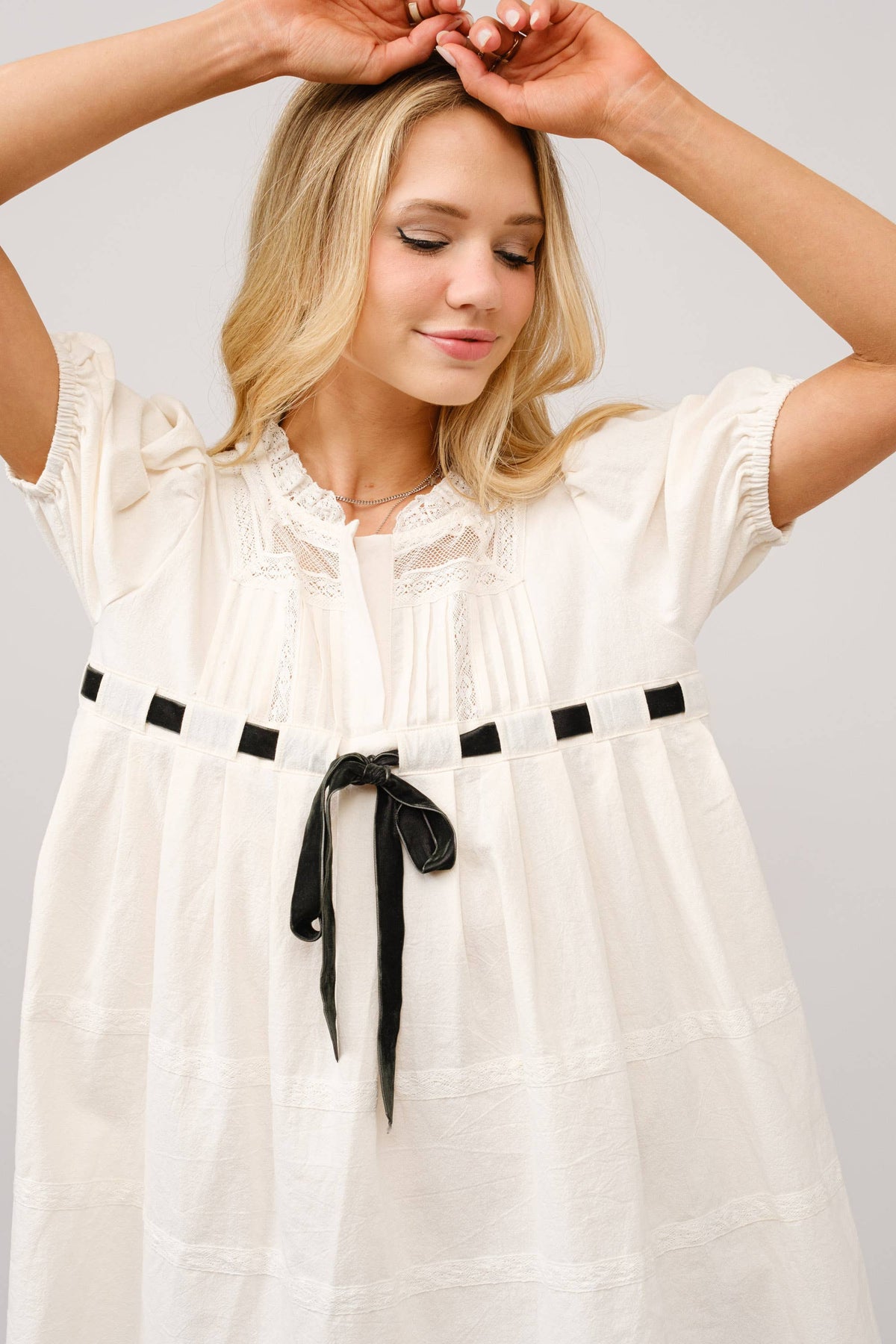 Cotton Gauze Bow Front Puff Sleeve Mini Dress