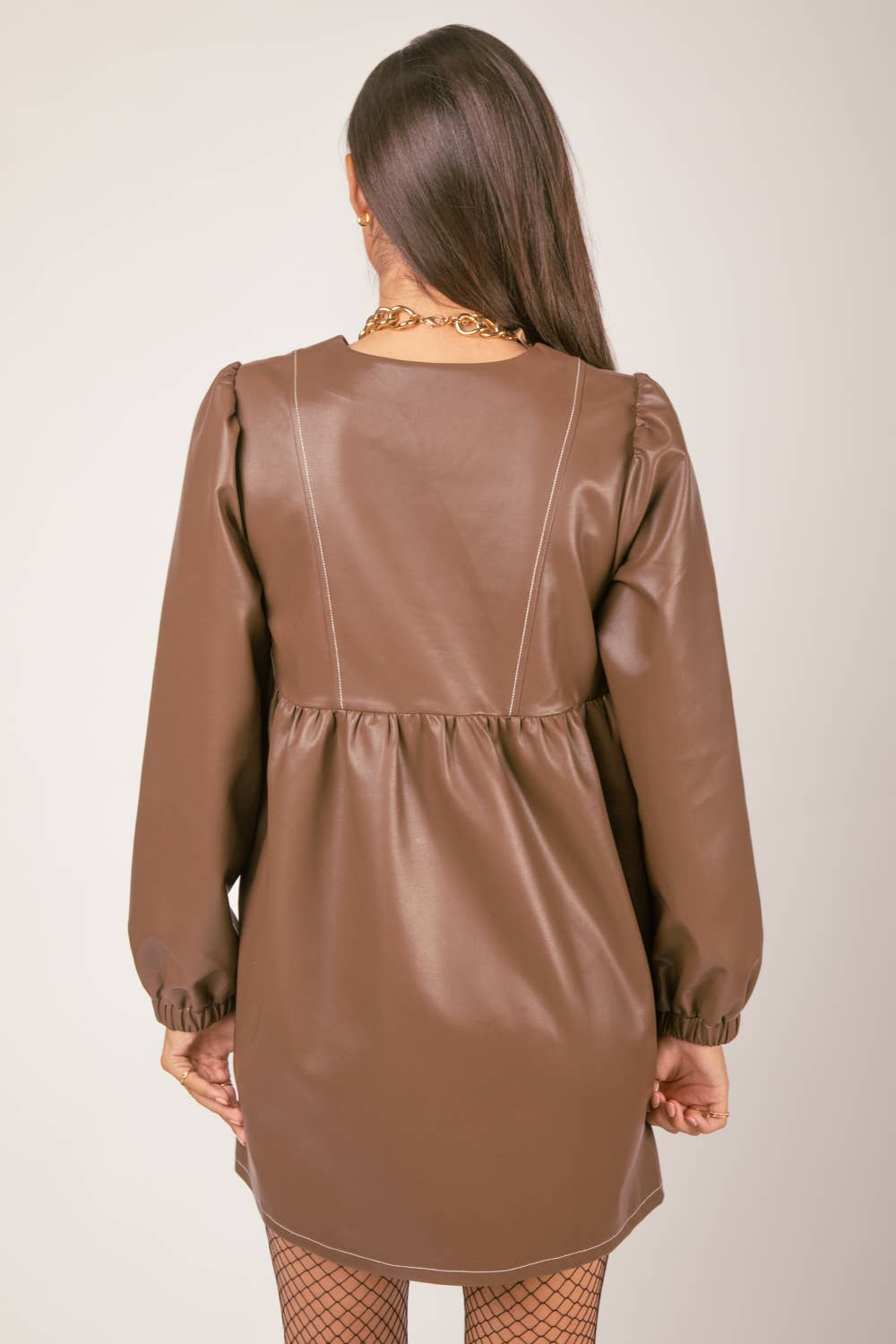 V-neck Flare Faux Leather Babydoll Mini Dress