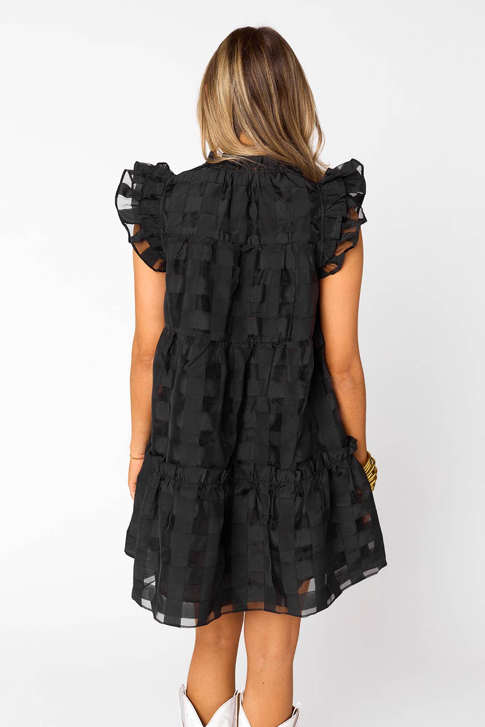 Aubrey Black Checkered Ruffle Sleeve Mini Dress
