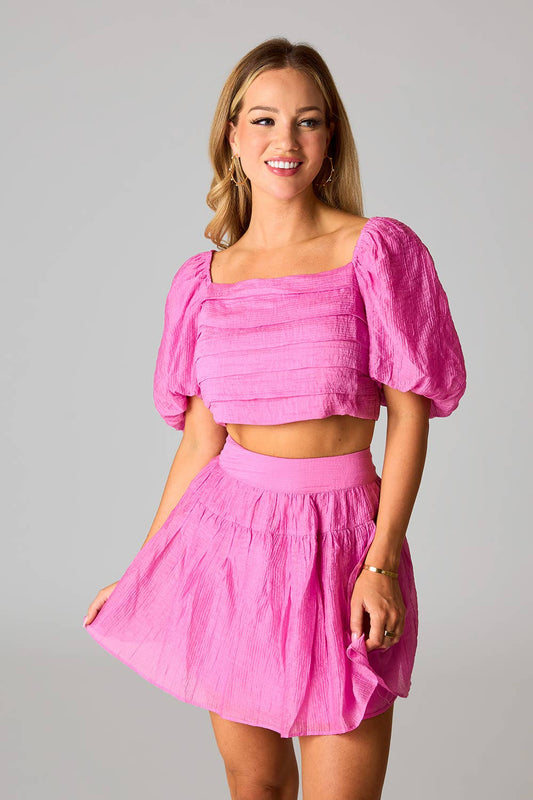Cutie Bubblegum Pink Puff Sleeve Top And Skirt Set