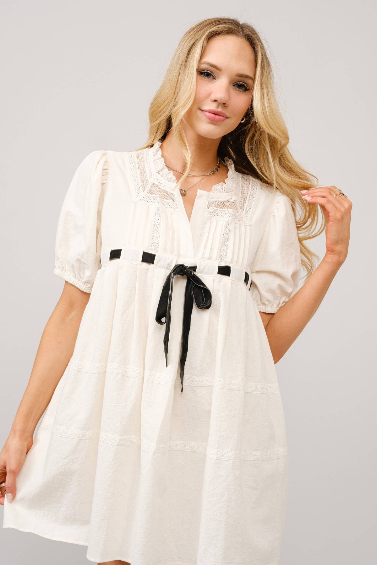Cotton Gauze Bow Front Puff Sleeve Mini Dress