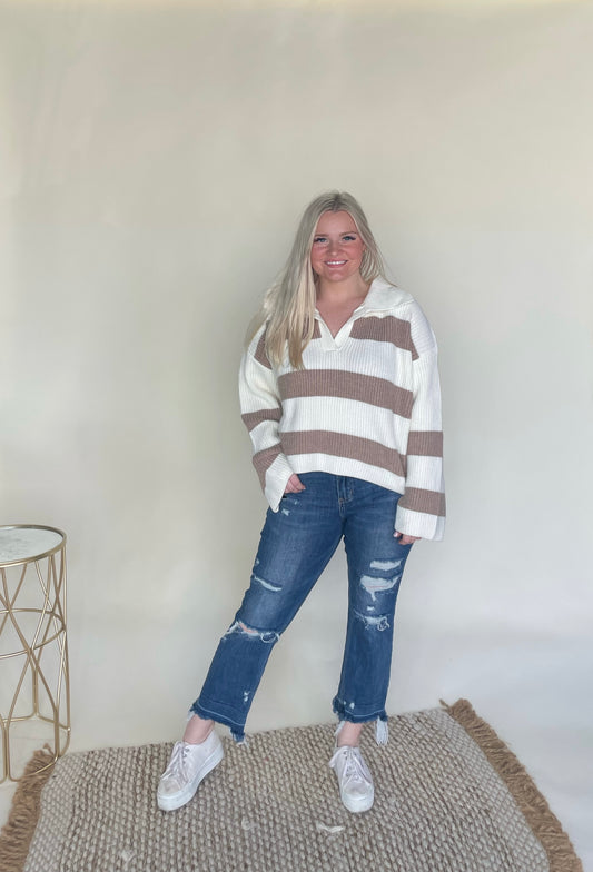 Taupe & White Striped Sweater