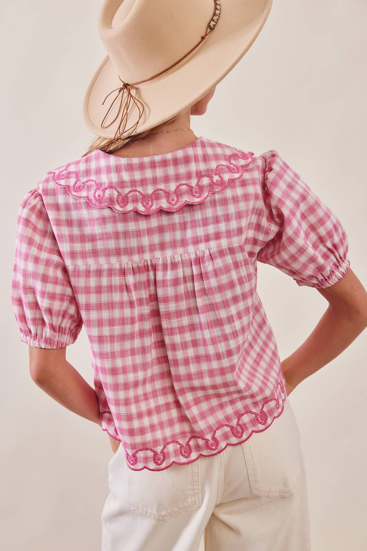 Gingham Embroidered Tie-Front Blouse