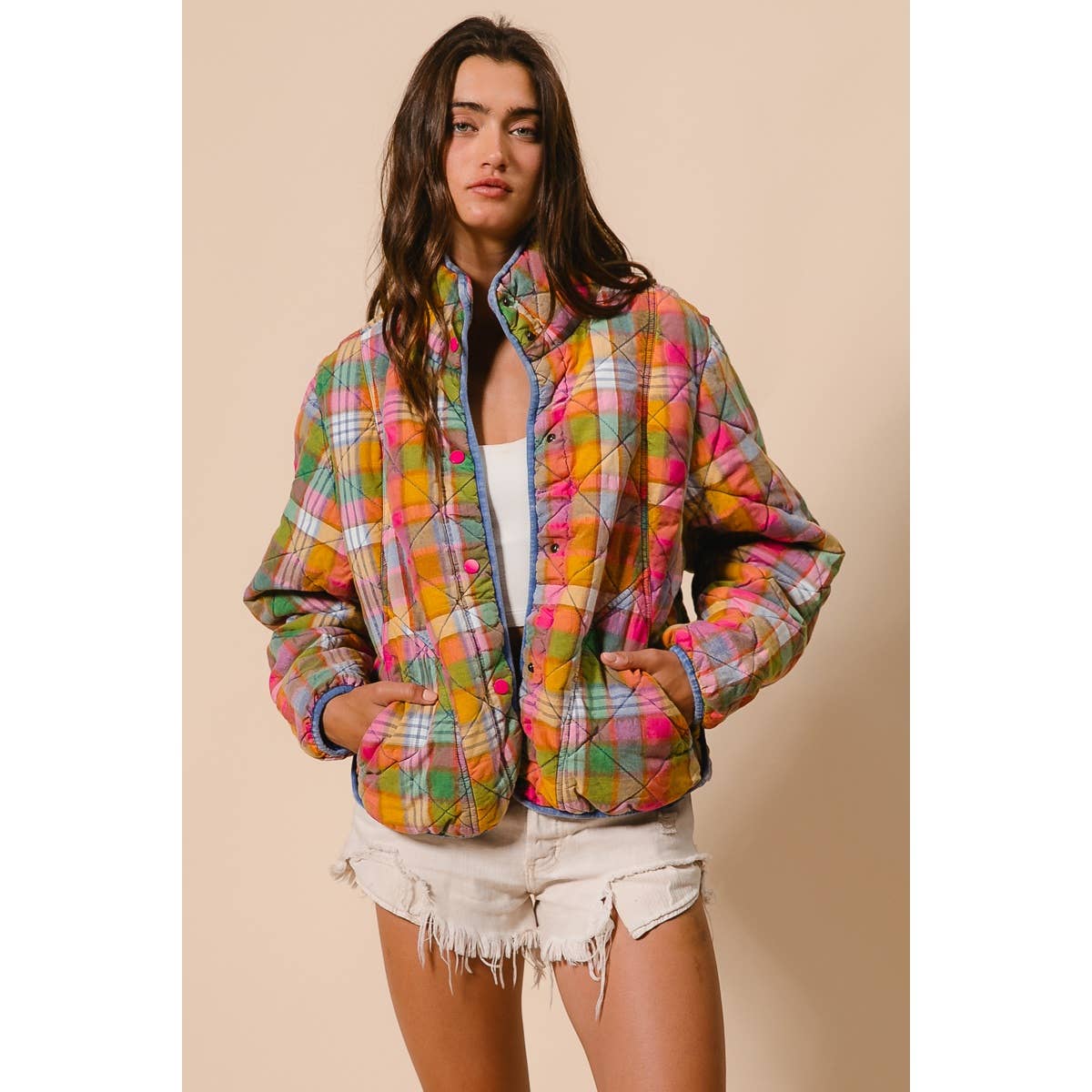 BLEACHED VINTAGE PLAID QUILTED JACKET