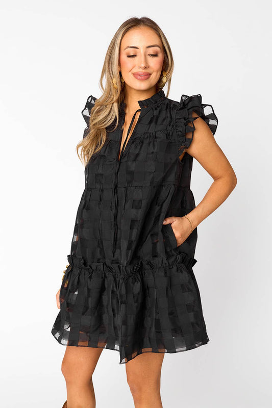 Aubrey Black Checkered Ruffle Sleeve Mini Dress