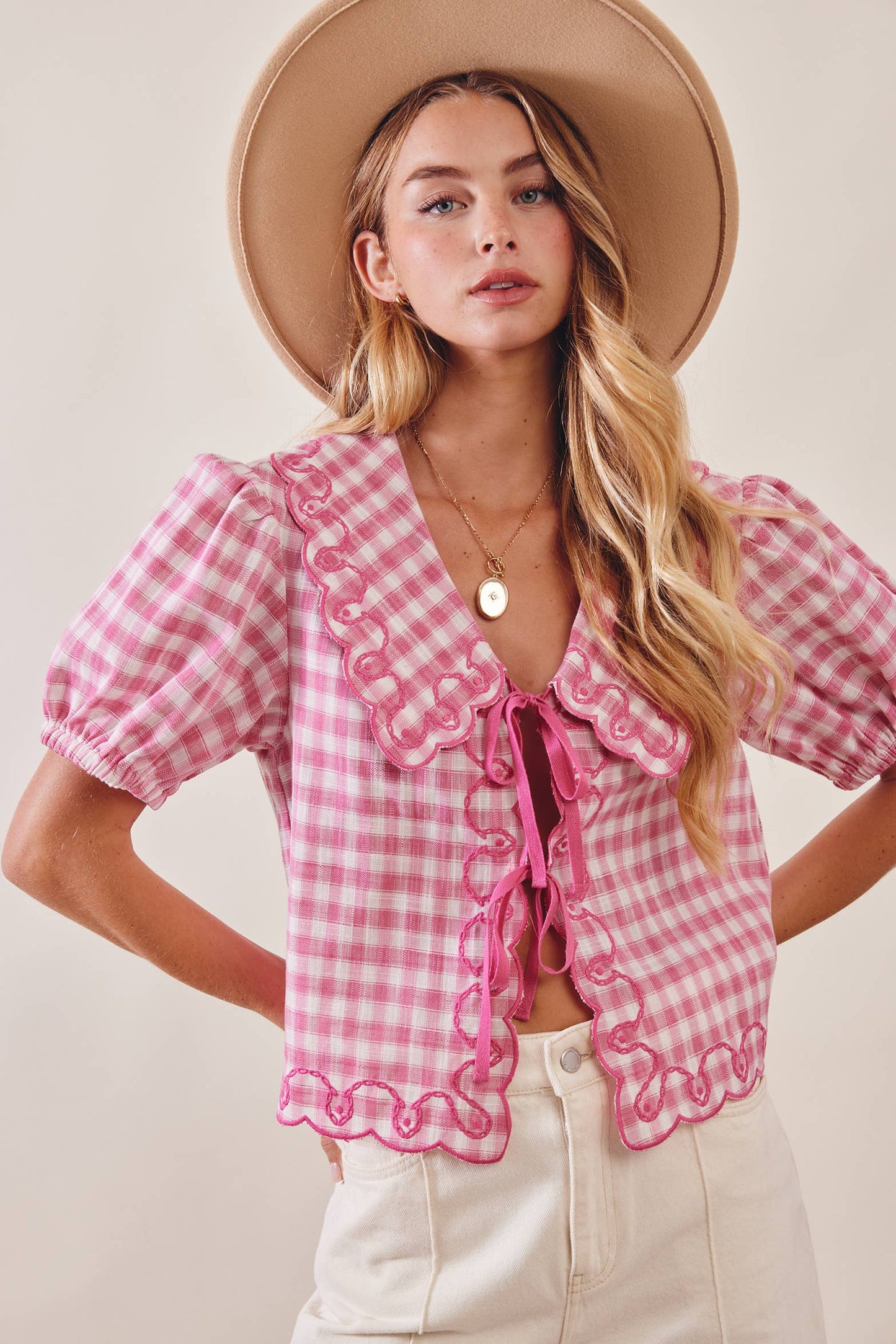 Gingham Embroidered Tie-Front Blouse