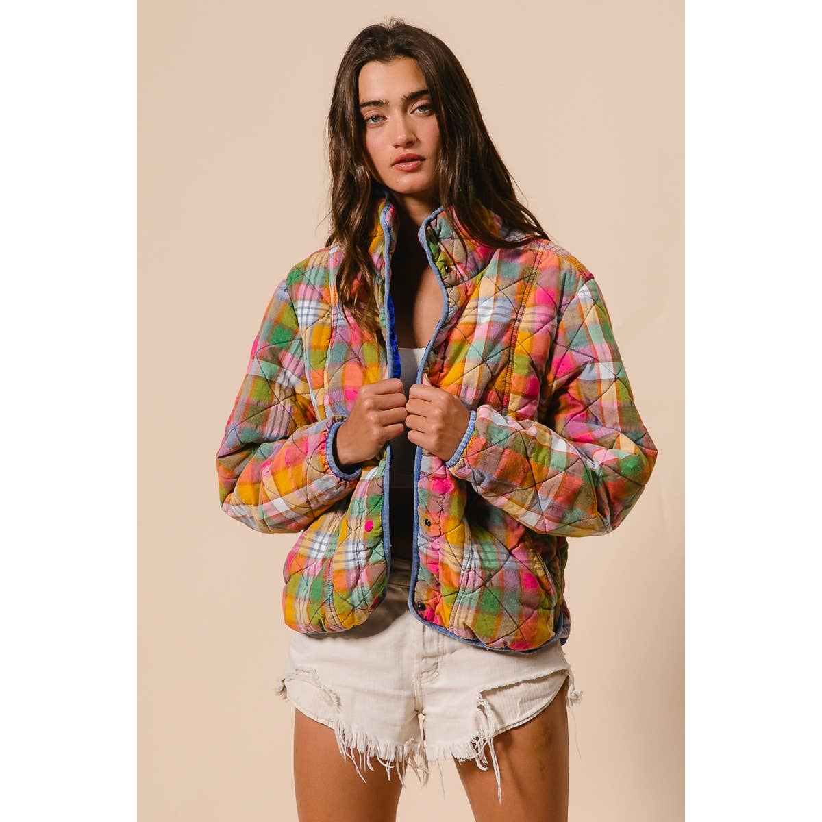 BLEACHED VINTAGE PLAID QUILTED JACKET