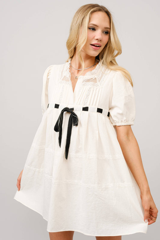 Cotton Gauze Bow Front Puff Sleeve Mini Dress