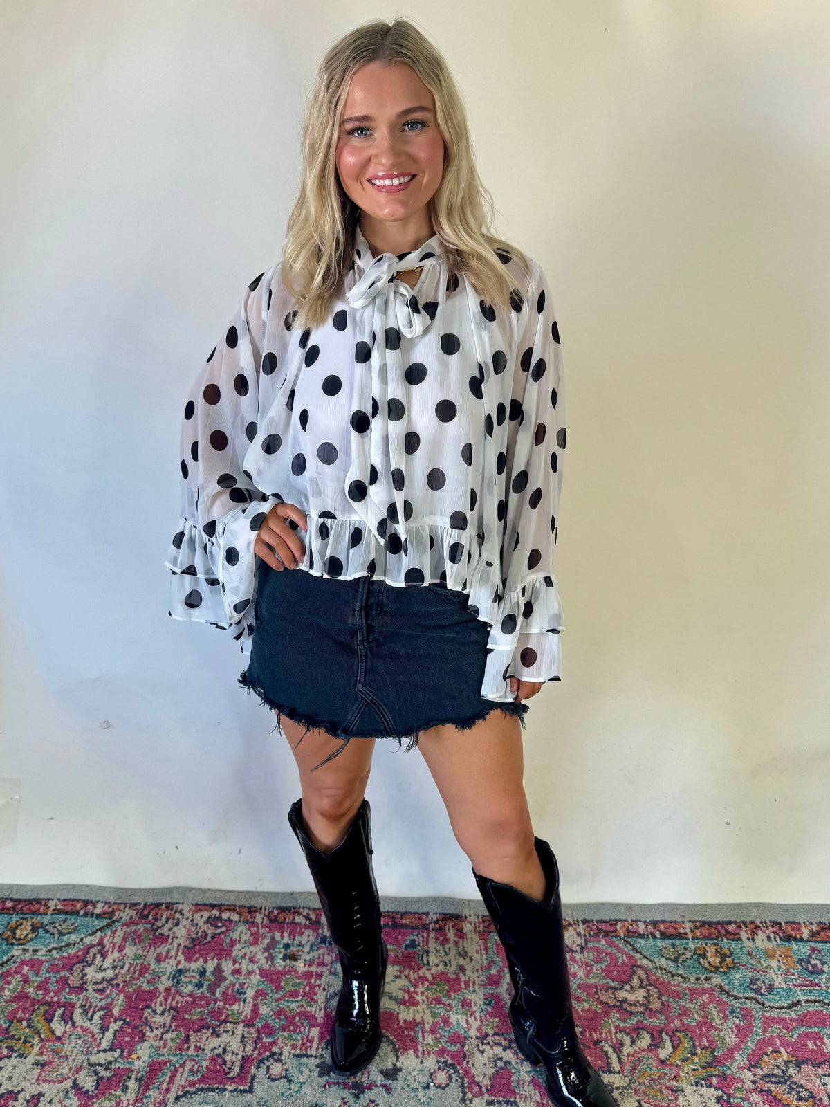 Polka Dot Sheer Chiffon Ruffle Blouse