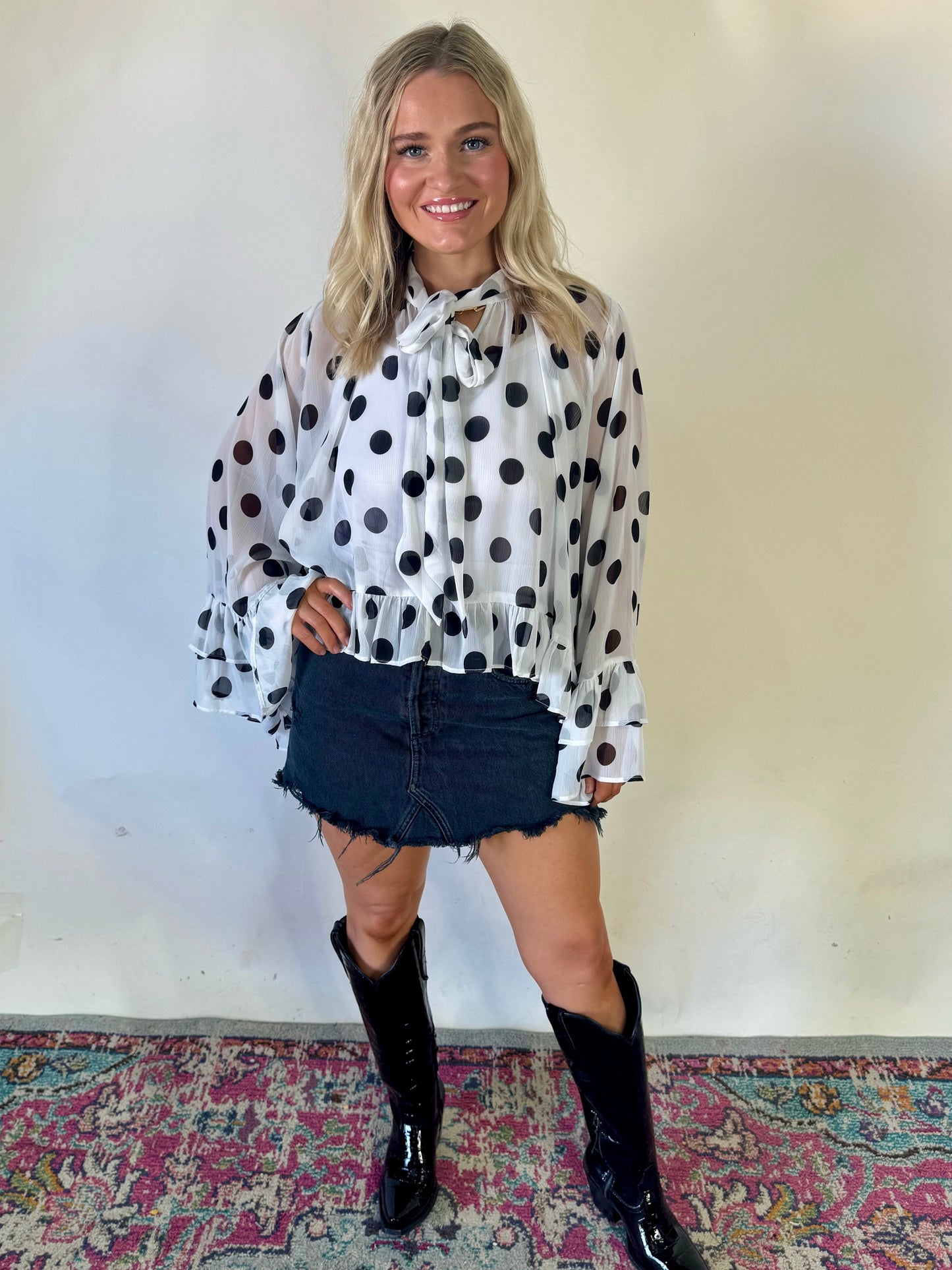 Polka Dot Sheer Chiffon Ruffle Blouse