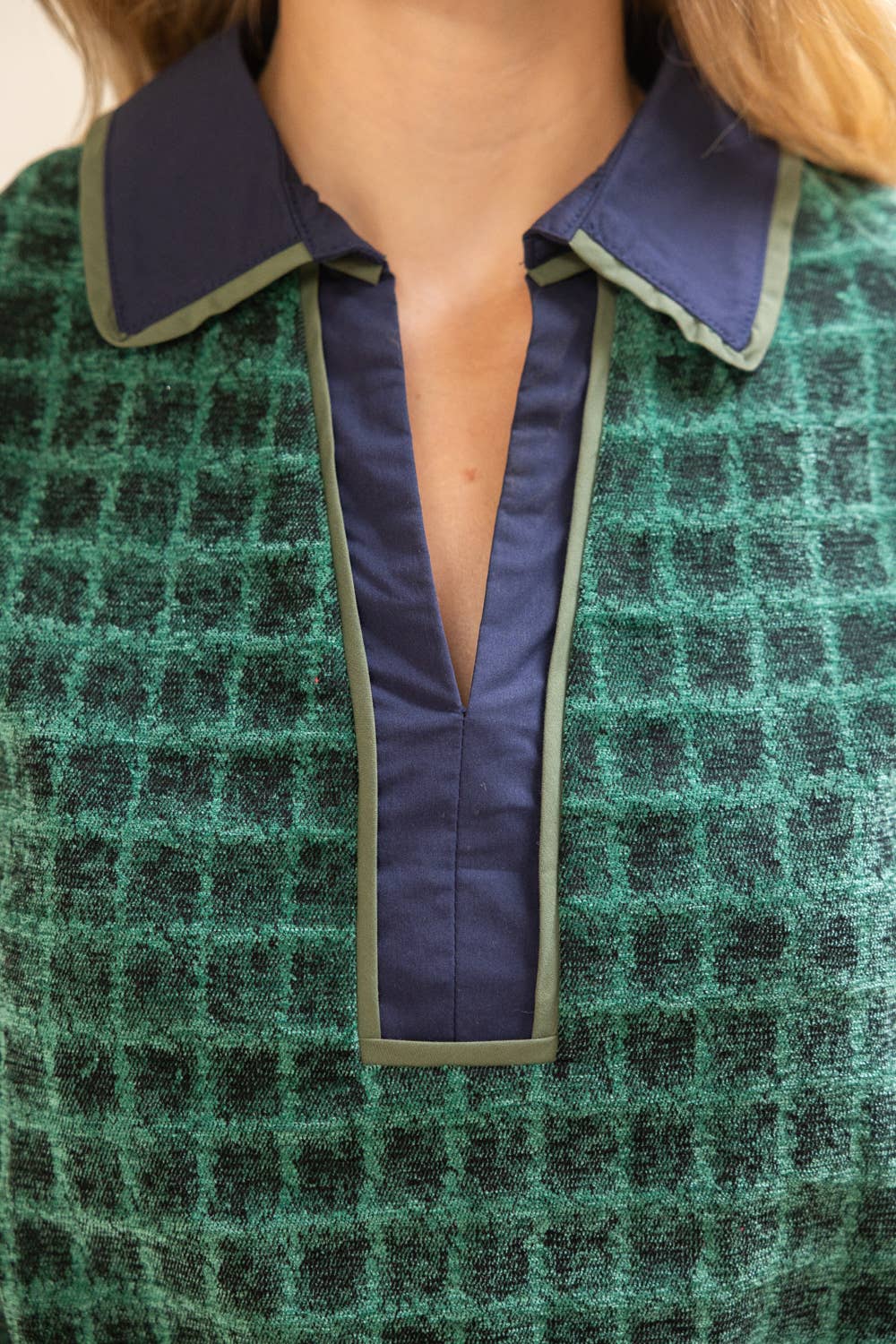 Collared V-Neck Plaid Top