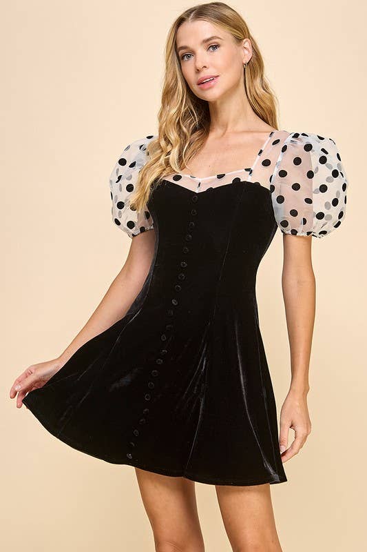 Velvet Faux Buttons Detail Organza Sleeves Dress