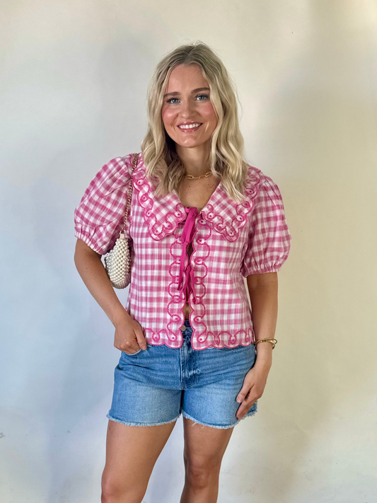 Gingham Embroidered Tie-Front Blouse