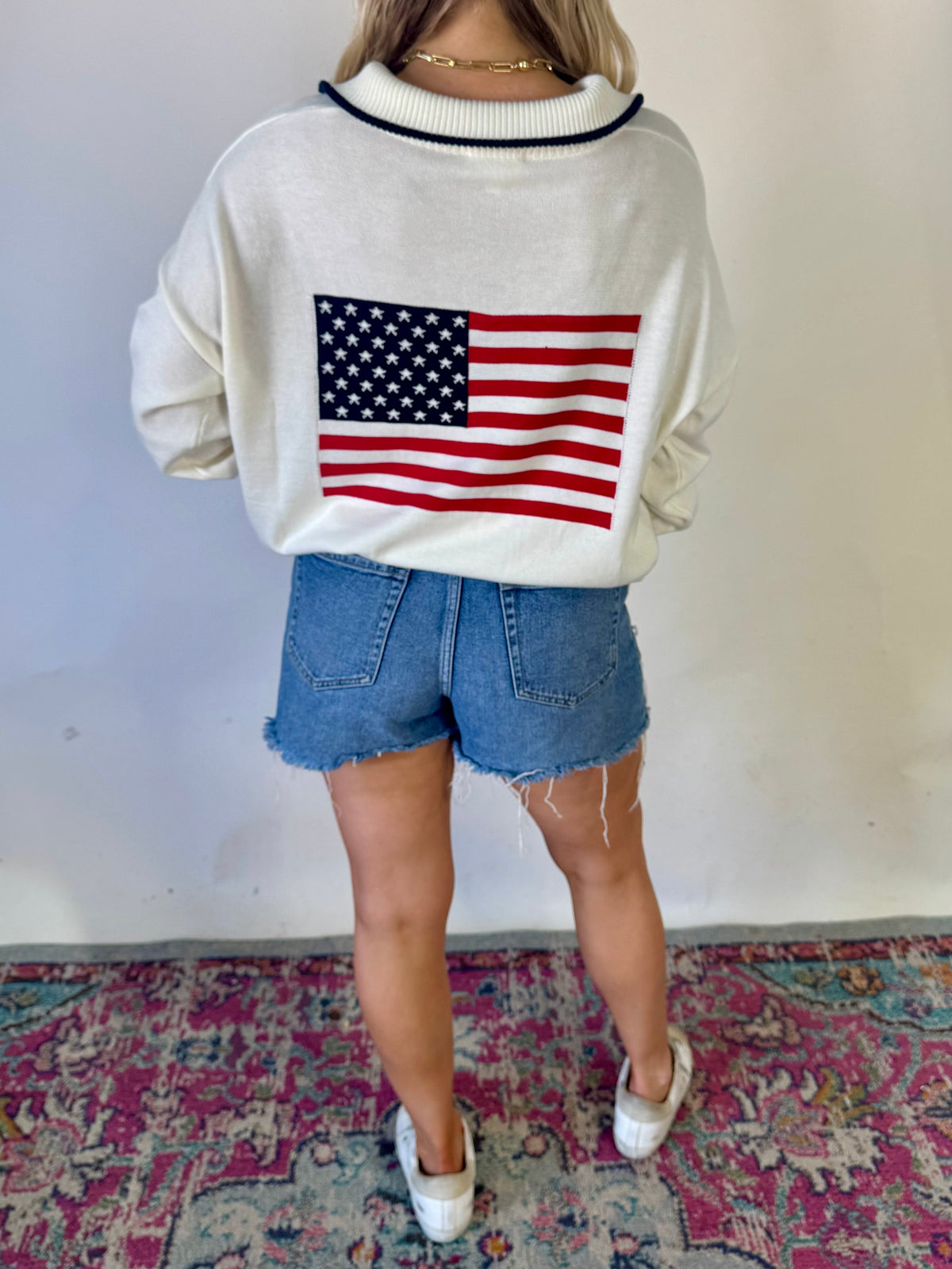 LONG SLEEVE COLLARED "USA" FLAG HALF ZIP SWEATER