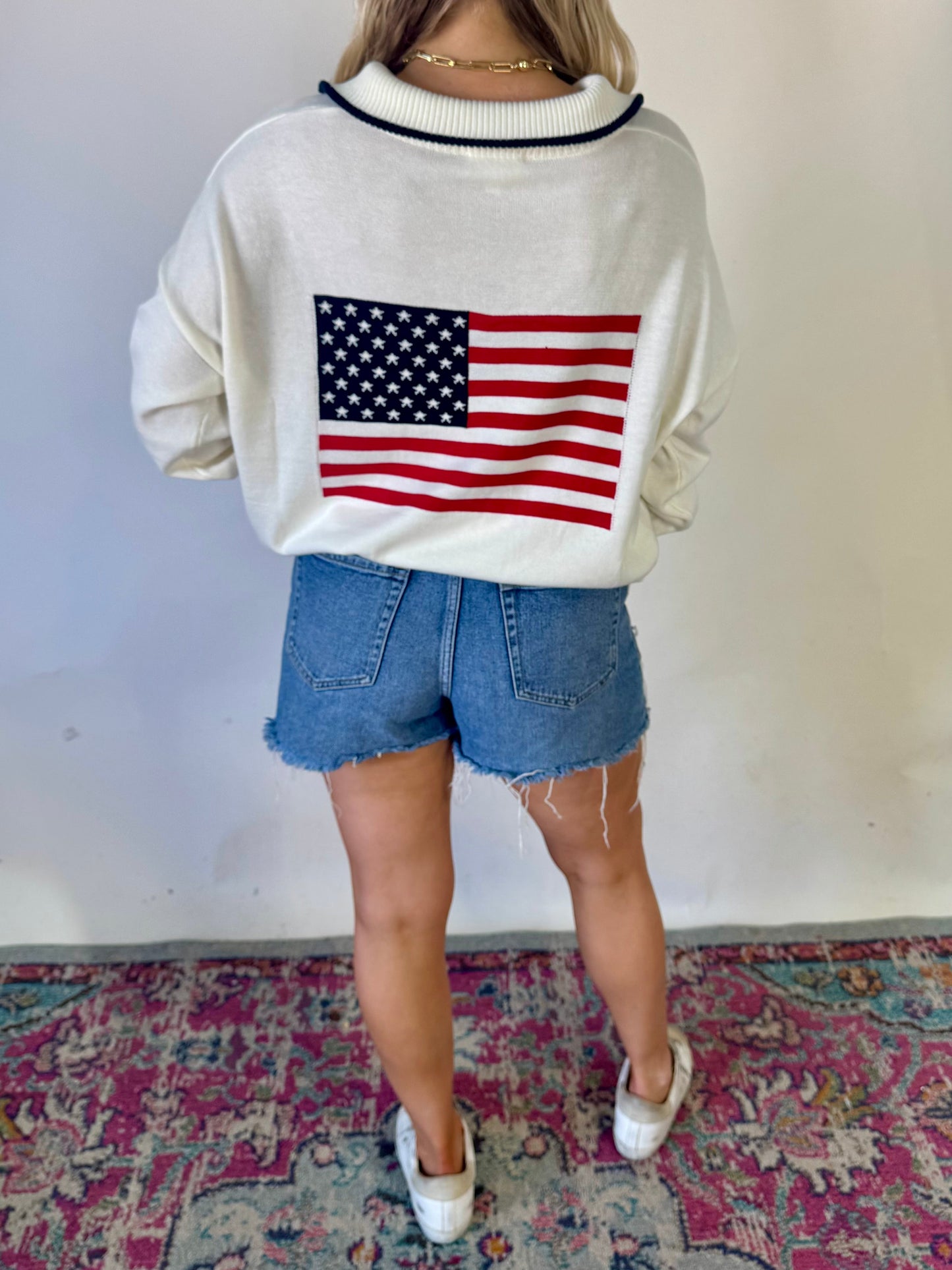 LONG SLEEVE COLLARED "USA" FLAG HALF ZIP SWEATER