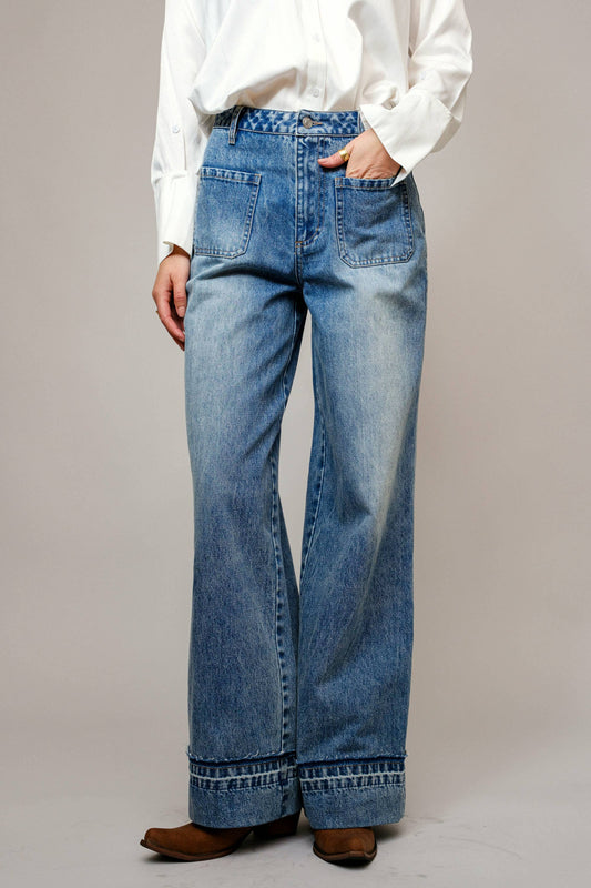 Western Cuffed Hem Pocket Denim Jeans