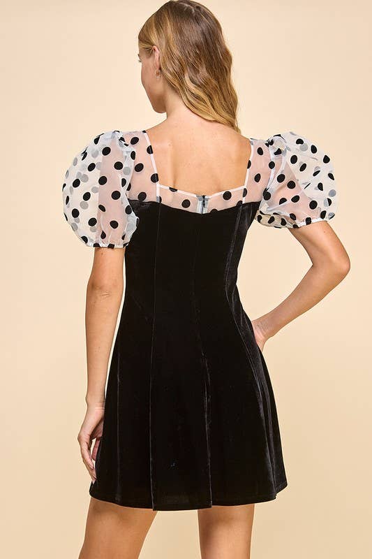 Velvet Faux Buttons Detail Organza Sleeves Dress