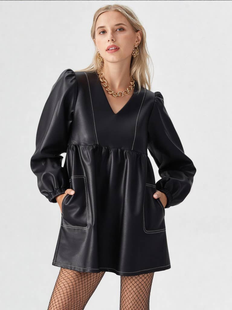 V-neck Flare Faux Leather Babydoll Mini Dress