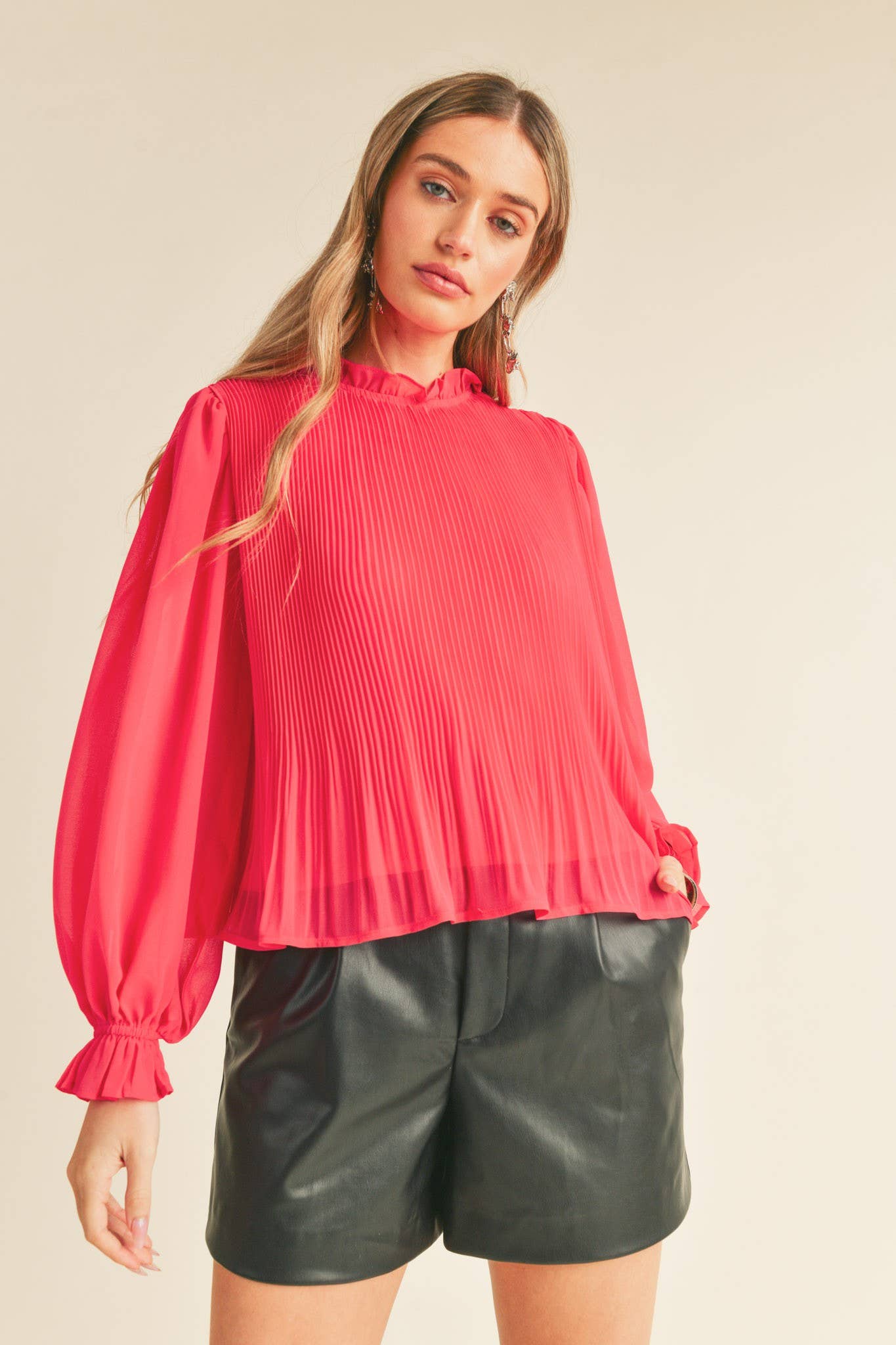 Pleated High Ruffle Neck Top
