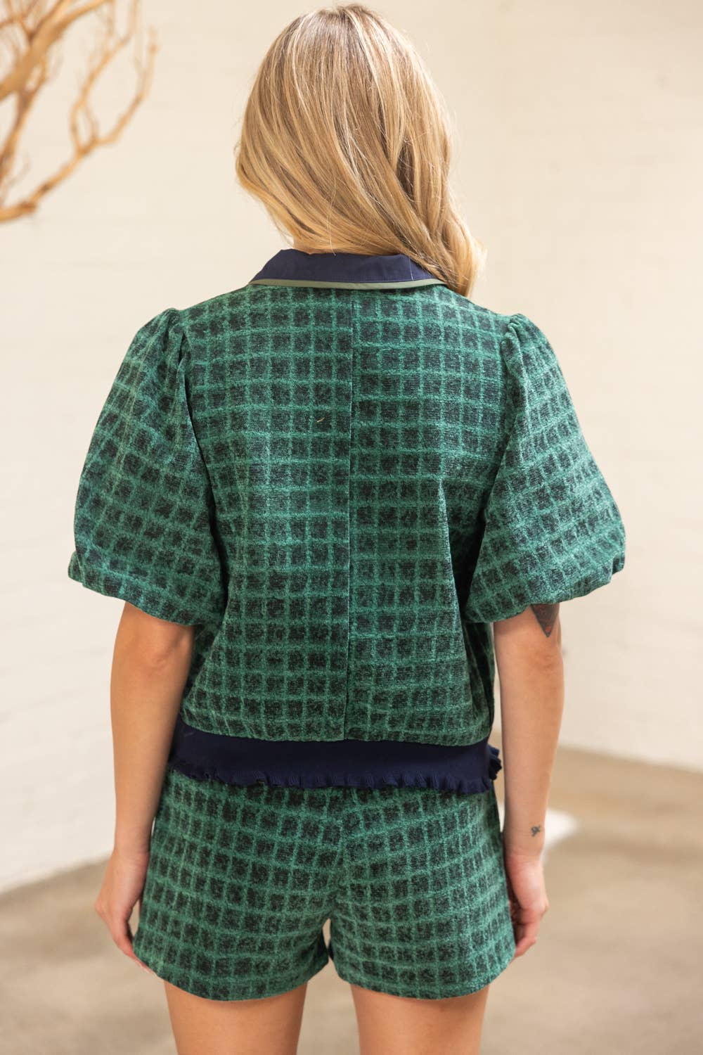 Collared V-Neck Plaid Top