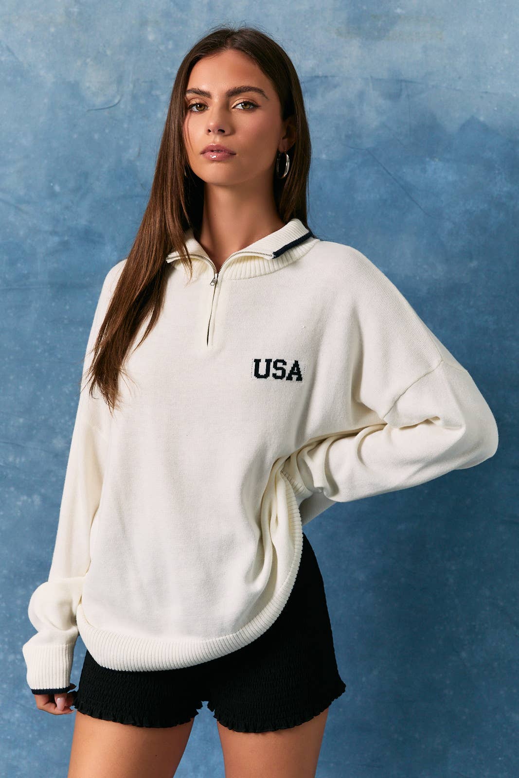 LONG SLEEVE COLLARED "USA" FLAG HALF ZIP SWEATER
