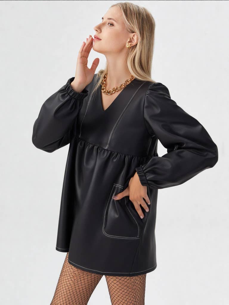 V-neck Flare Faux Leather Babydoll Mini Dress